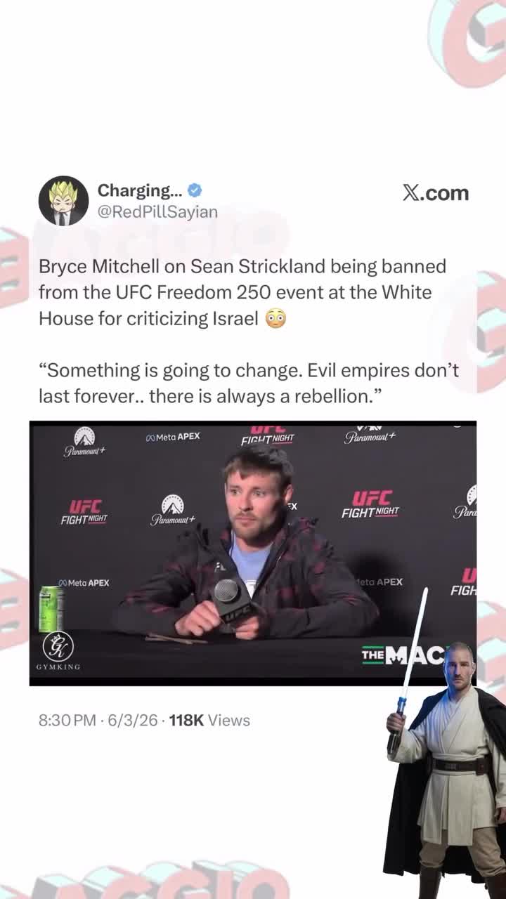 6K views · 858 reactions | UFC fighter Bryce Mitchell comments on Sean Strickland being blacklisted from the White House UFC Card, comparing the situation to Star Wars and the rebellion against the Em